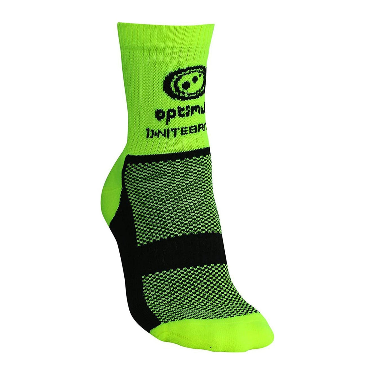 Single fluro green Nitebrite cycling sock, side view with black mesh footbed and logo - Optimum