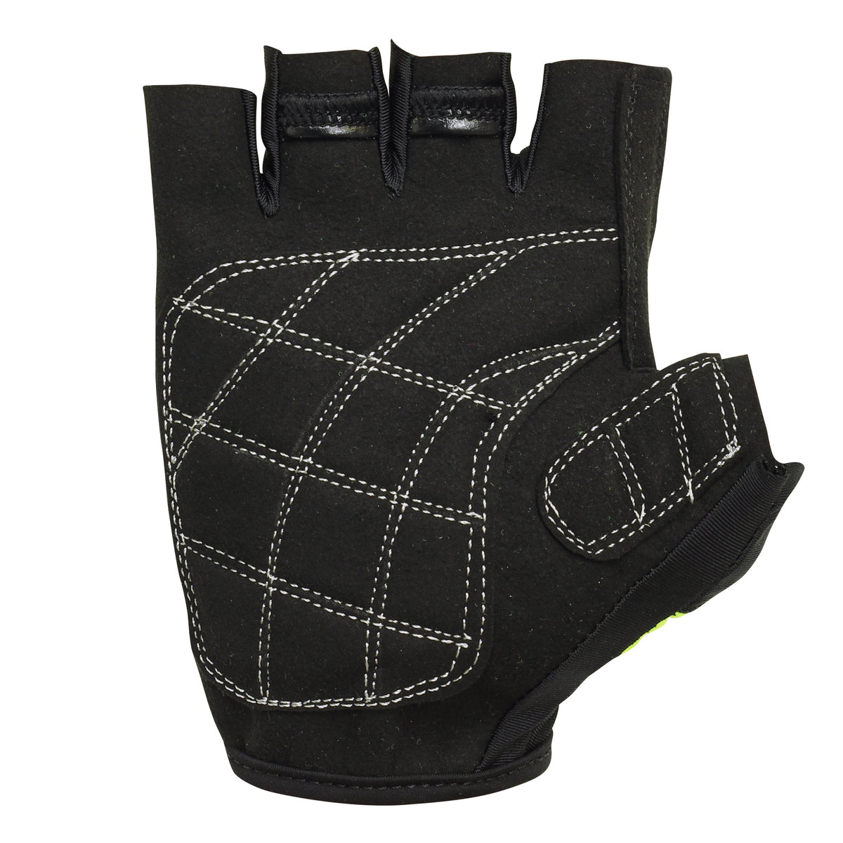 NiteBrite half-finger cycling glove, black quilted padded palm with white stitching, on white - Optimum