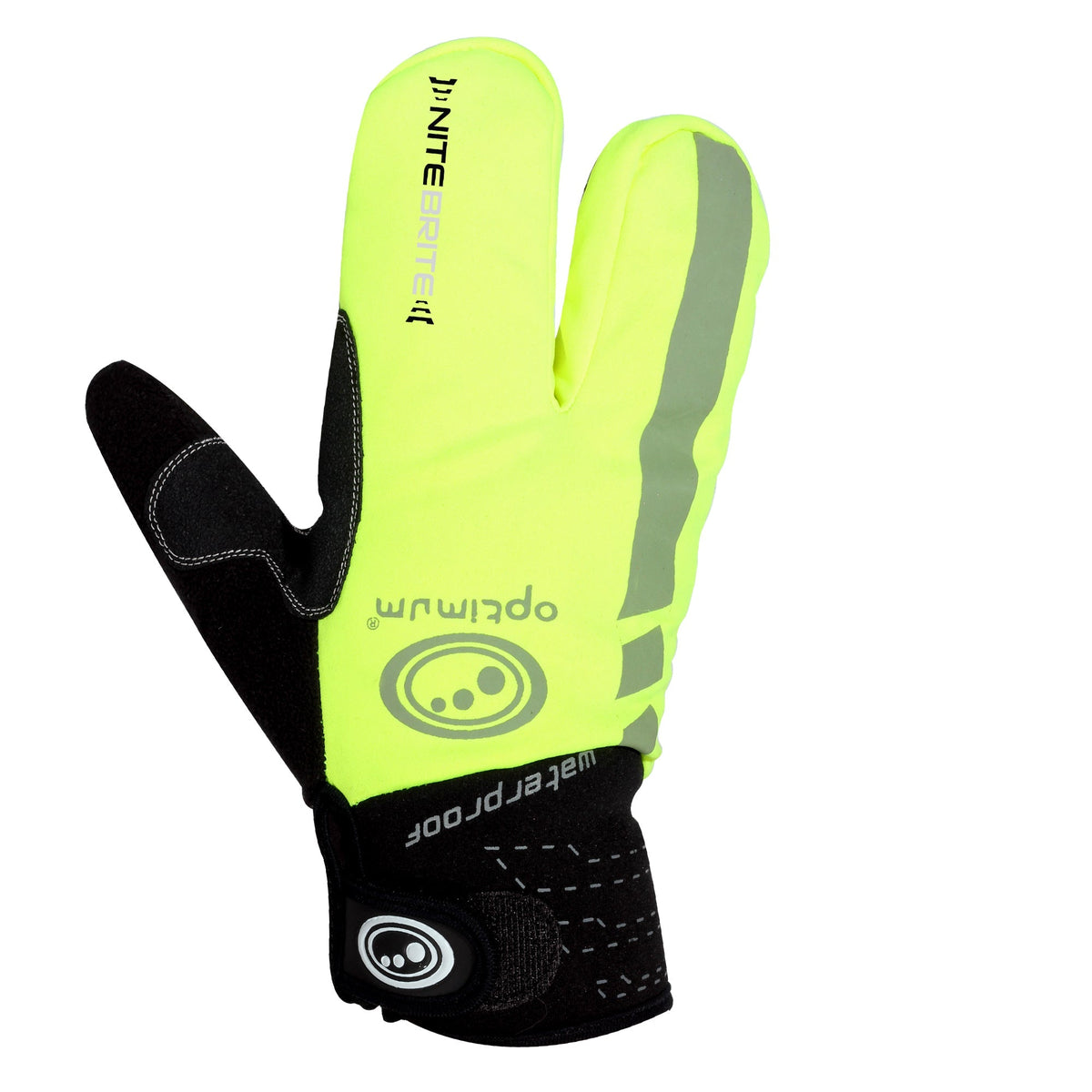 Optimum NiteBrite lobster cycling glove, fluro yellow back with reflective strip and hook-and-loop cuff, on white - Optimum