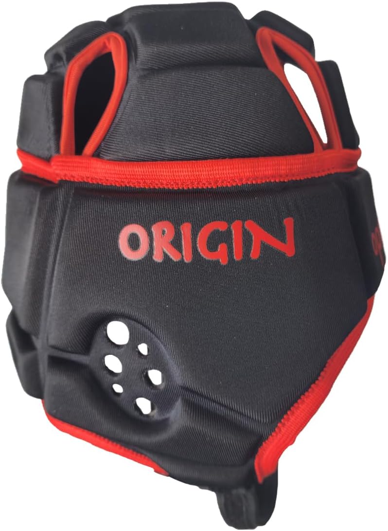 Black Origin rugby headguard, red trim and Origin print, side view with ear ventilation holes - Optimum
