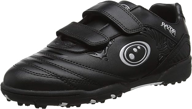 Black Optimum Razor astro trainer side view with twin straps, white logo and studded sole - Optimum