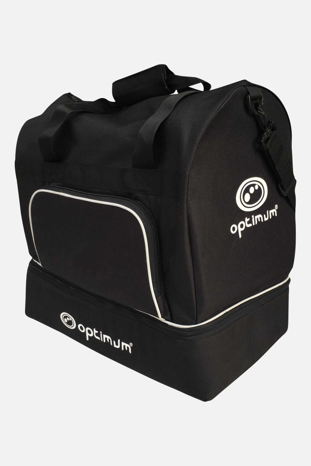 Black Optimum player kit bag with white piping, logos, boot compartment and carry handles, on white - Optimum