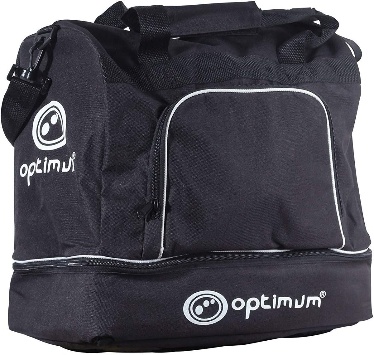 Black Optimum player kit bag with white piping, logos, zip pocket and lower boot compartment, on white - Optimum
