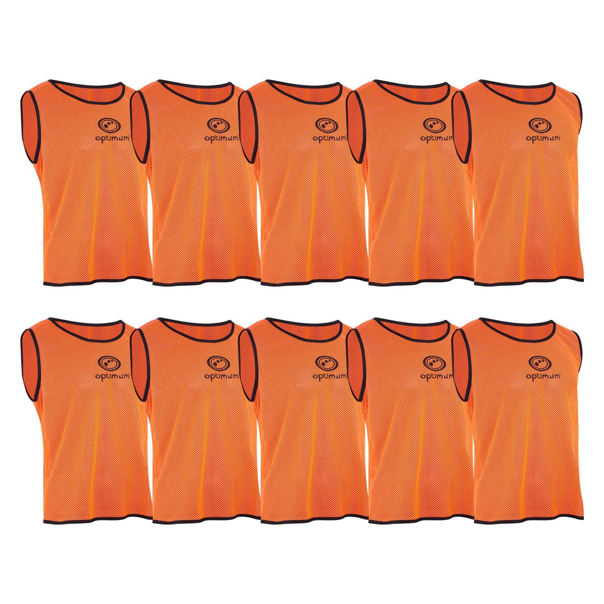 Ten orange Optimum mesh training bibs with black logo arranged in two rows on white - Optimum