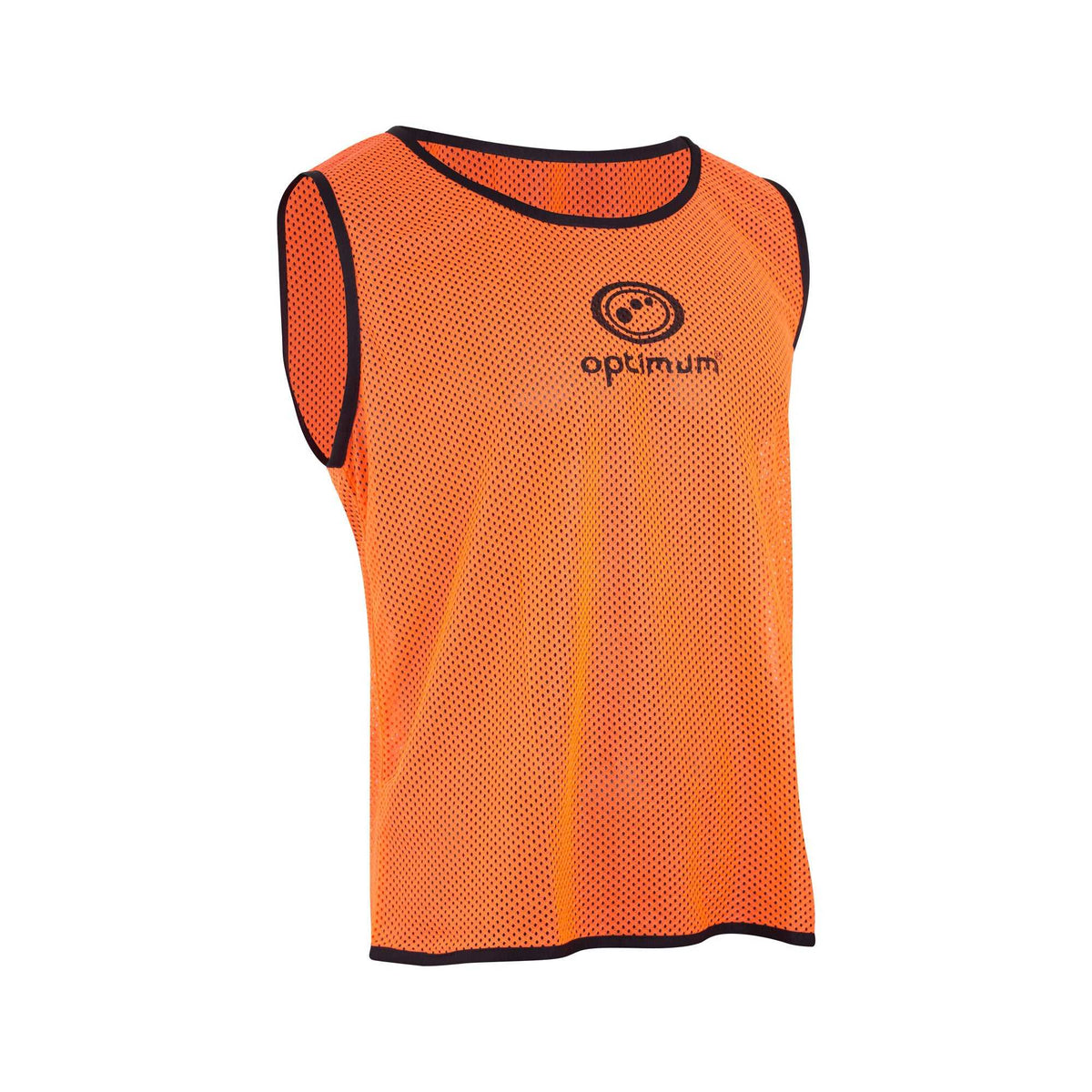 Orange Optimum mesh training bib with black trim and black logo on the chest, front view on white - Optimum