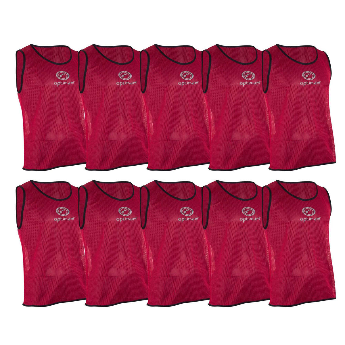 Ten red Optimum mesh training bibs with black trim and white logo in two rows on white - Optimum