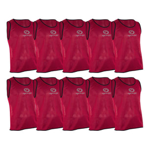 Ten red Optimum mesh training bibs with black trim and white logo in two rows on white - Optimum