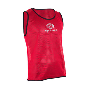 Red Optimum mesh training bib with black trim and white logo, front view on white - Optimum
