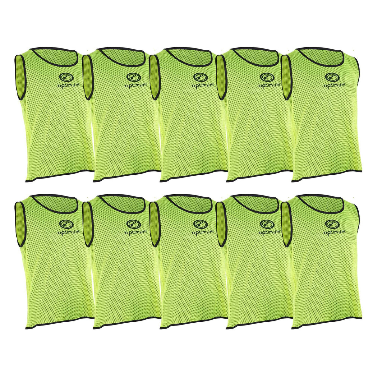 Ten fluorescent yellow mesh Optimum training bibs with black trim and logo, arranged on white - Optimum