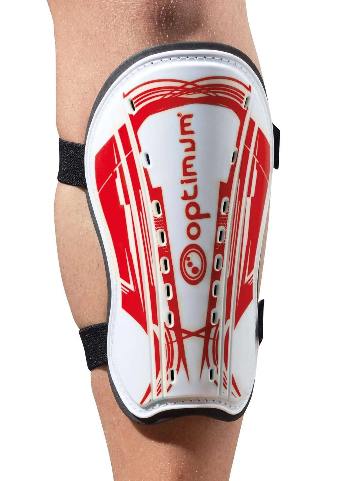 White and red Optimum Velocidade shin guard with black straps and logo print worn on leg, on white - Optimum